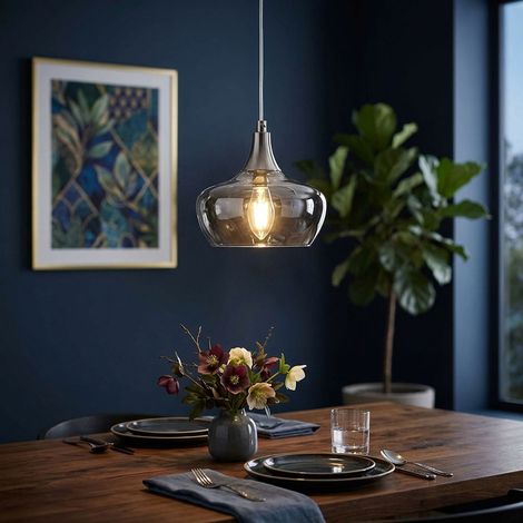 Lampada a sospensione a LED, argento, lampada da sala da pranzo, vetro fumé, H 150 cm (1/5)