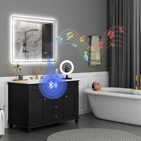 LED-Badezimmerspiegel mit Bluetooth, 80 x 100 cm, Touch-Schalter, einstellbare Beleuchtung, 3 Farben, Antibeschlag, Memory-Funktion, silber