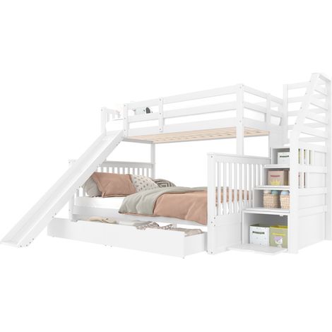 Lit superposé 90x200/140x200 avec tiroirs, rangements et toboggan sécurisé pour 3 personnes, blanc antique, bois de pin et MDF - CHICFURN (1/5)