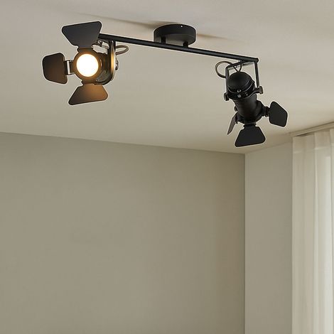Deckenleuchte schwarz Spotleiste 2 Strahler Deckenlampe schwenkbar Filmset Lichteffekt, Metall, 2x GU10 Fassungen, LxH  54x26,5 cm