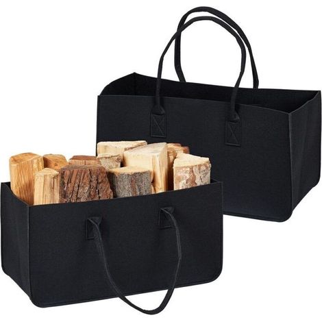 Log Basket, Set of 2, Felt Storage Bag, Firewood, 28 Litre, with Handles, Black (1/4)