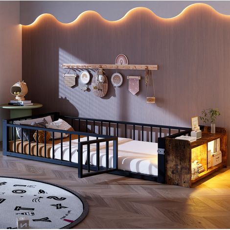 MEUBLIV Cama 90x200 cm negra – con almacenaje, LED y barandilla, sin colchón (1/5)