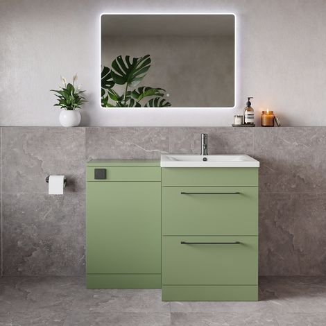 Napoli 460 Olive Green 1100mm 2 Drawer Vanity Unit Toilet Suite with Glide Basin - 1100mm - Gunmetal Grey 320mm HandleWithout Kingston Toilet Pan