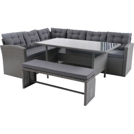 Concept-Usine – Salon de jardin 8 places en résine tressée anthracite – Table rectangulaire 145x80cm – Coussins déhoussables gris – Acier et verre trempé