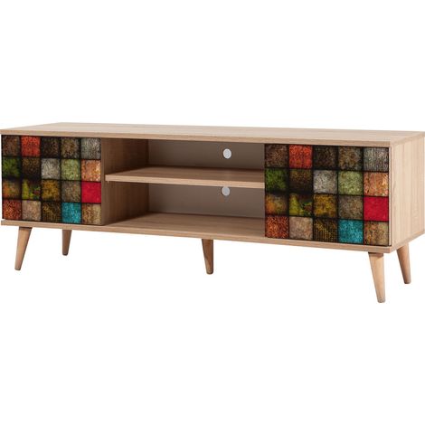 Meuble TV en bois clair et damier multicolors Kiza 723 (1/5)