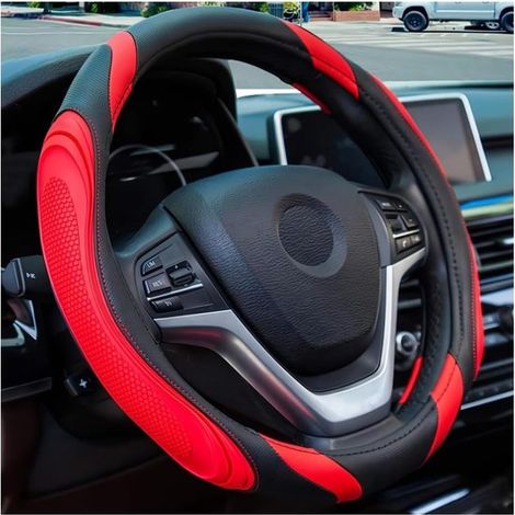 Coprivolante in pelle da 15 pollici per auto, elastico, traspirante, antiscivolo, morbido, accessorio per auto per uomo e donna, adatto a SUV, camion, veicoli e camper (rosso)