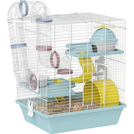Cage hamster, cage rongeur à 3 niveaux, avec roue d'exercice, tunnel de jeu, gamelle, cabane, 34,5 x 27,5 x 41 cm, bleu (1/5)