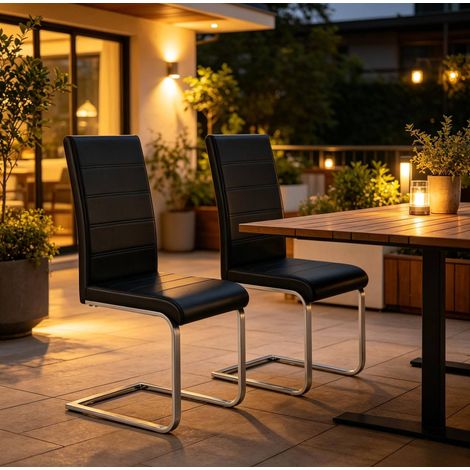 Chaise de bureau cantilever à dossier haut, lot de 2, PU et métal, noir OKMYHOME (1/5)