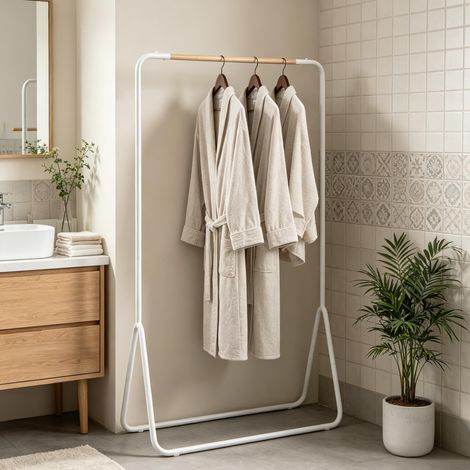 Perchero de pie multifunción de metal blanco con barra superior de madera 80 x 45 x 145 cm (1/5)