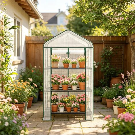 Mini serre 70x50x130 cm en PE et acier blanc, avec étagères pour balcon, gain de place FLORAGRACE (1/4)