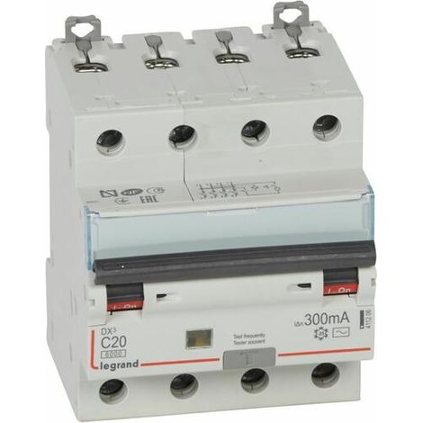 Disjoncteur différentiel monobloc DX³6000 10kA arrivée haute et départ bas à vis 4P 400V - 20A - typeAC 300mA - LEGRAND