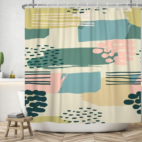 183x213cm Plante BohèMe Rideau De Douche Vert Rose Jaune Aquarelle Rideaux De Douche Abstrait Art Moderne Rideau De Salle De Bain éTanche Rideau De Baignoire avec Crochet (1/5)