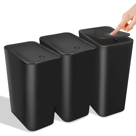 Lot de 3 poubelles de salle de bain, 10 l, en plastique, modernes, noir, pour chambre à coucher, cuisine, bureau, toilettes (1/5)
