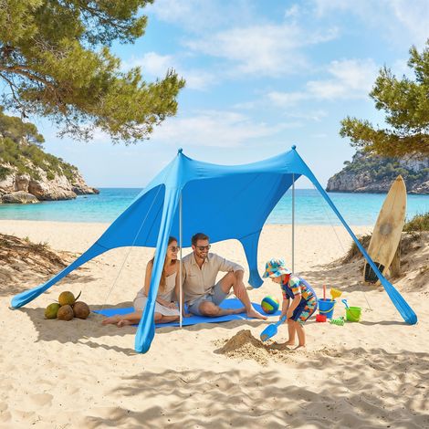 Tienda de playa con protección UV 50+ para 2-4 personas con esterilla y pala, de licra y aluminio, 200x208x200 cm, azul.