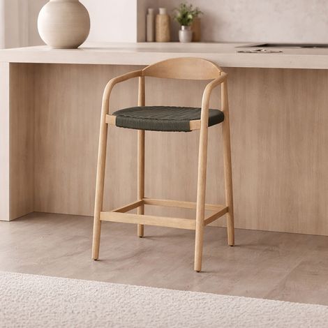Chaise de bar en bois d'eucalyptus et cordage kaki - EALA (1/5)