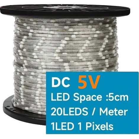 Guirnalda de luces LED, direccionables individualmente, diseño impermeable, separación de 5 cm, conector de 3 pines, 50 mA, 5 V, cable transparente. (1/2)