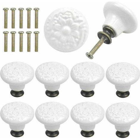 10 Pcs Bouton de Tiroir en Céramique Poignée de Meuble Ronde Gravure Vintage avec Vis - Blanc (1/5)