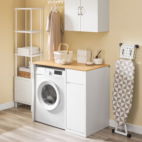SoBuy Wäschetrockner-Schrank – Badmöbel mit Wäschekorb und Schublade, für Waschmaschine und Trockner, Holz-Waschmaschinen-Armatur, Weiß, 100 x 60 x 90 cm, BZR217-WN