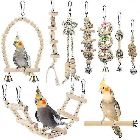 Set mit 9 Vogelspielzeugen: Hängeglocke, Spielzeug für den Vogelkäfig, Papageienschaukel, Kauspielzeug.