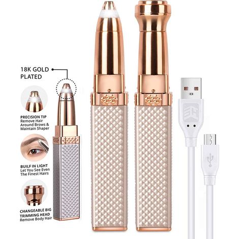 Tondeuse à sourcils (dorée), épilateur visage pour femmes, rasoir 2 en 1, épilateur indolore (pour sourcils, poils du visage, lèvres, menton), lumière LED intégrée-AquaForge (1/5)