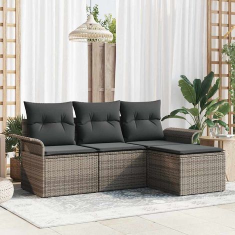 Garten-Sofa-Set mit Kissen mit Speicher 4 pcs Grau Poly Rattan
