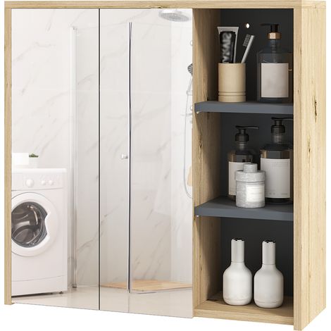 HOMCOM Mobile da Bagno con Specchio, 2 Ante e Ripiani, Naturale