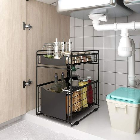 – Étagère sous évier coulissante – Organisateur de rangement cuisine et salle de bain – Conception à rouleaux et tiroirs – Noir