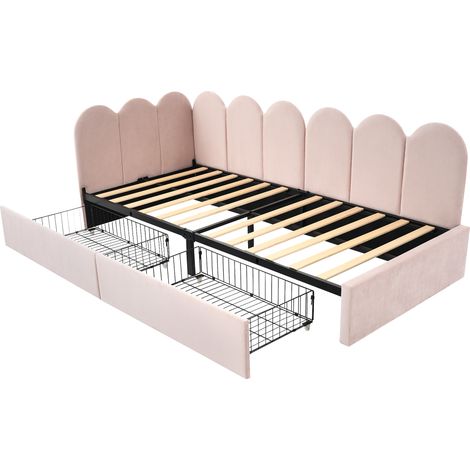 Lit simple capitonné avec tiroirs, lit de rangement en velours, lit de jour, canapé-lit 90x200cm avec sommier à lattes, lit pour jeunes et adultes, lit enfant, rose (sans matelas) (1/5)