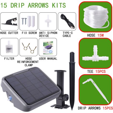 Système d'irrigation solaire automatique avec 15 goutteurs pour plantes en pot, intérieur et extérieur. (1/5)