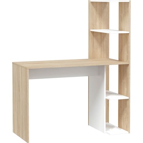 Pegane – Bureau réversible avec étagères en bois mélaminé blanc artic et chêne canadien – Dimensions 136 x 110 x 52 cm – Poids max 25 kg (1/4)