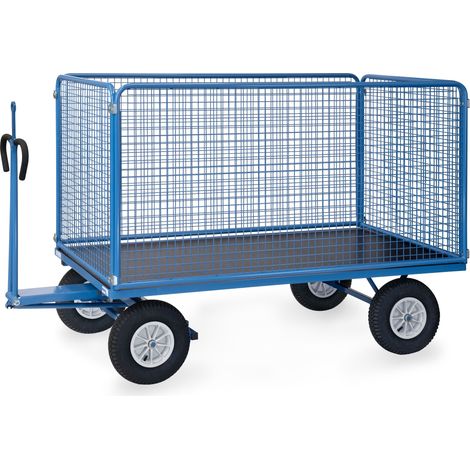Fetra Handpritschenwagen mit Zugöse an der Deichsel, Drahtgitterwänden 1000 mm hoch Luft-Bereifung 2000x1000 mm (1/4)