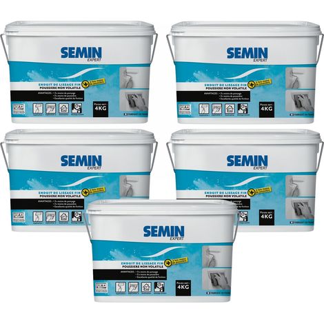 Lot de 5 enduits de lissage poussière maîtrisée pour finition des murs Semin - 3 fois moins de ponçage pour 3 fois moins de poussière - intérieur - seau de 4 kg