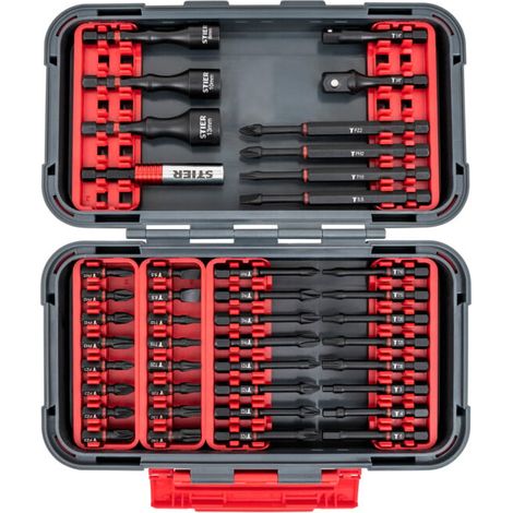 Jeu d'embouts de vissage à torsion STIER pour visseuse sans fil, 42 pièces, porte-embouts magnétique puissant, interchangeable, adaptateurs et clés à douille, coffret de transport de qualité (1/5)