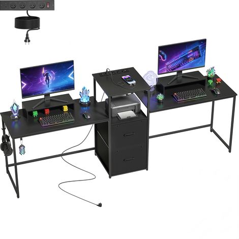 HOMCOM mesa gaming doble, mesa gamer con estación de carga, puertos USB, soportes para monitor, cajones de tela y ganchos para auriculares, negro