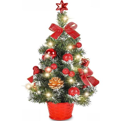 Mini Artificial Christmas Tree, Small Christmas Tree with LED Lights, Mini Decorative Tabletop Tree for Office, Bar, 40cm (Red) (1/5)
