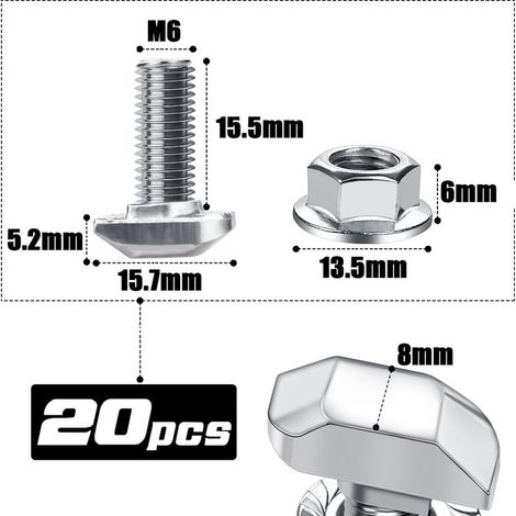 Vis à tête marteau M6 x 16 en acier inoxydable avec écrous à tête marteau et écrous à embase. Vis à double filetage M6 pour rails de montage photovoltaïques de serres et panneaux solaires. Lot de 20. (1/4)