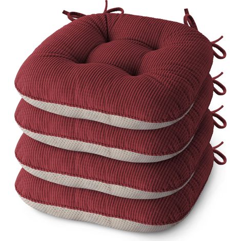 Lot de 4 coussins de chaise d'intérieur antidérapants avec attaches - 43 x 40 x 8 cm - Rouge (1/5)