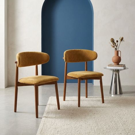 Lot de 2 chaises bois d'hévéa noyer et tissu chenille - Paola Noyer / Moutarde (1/5)