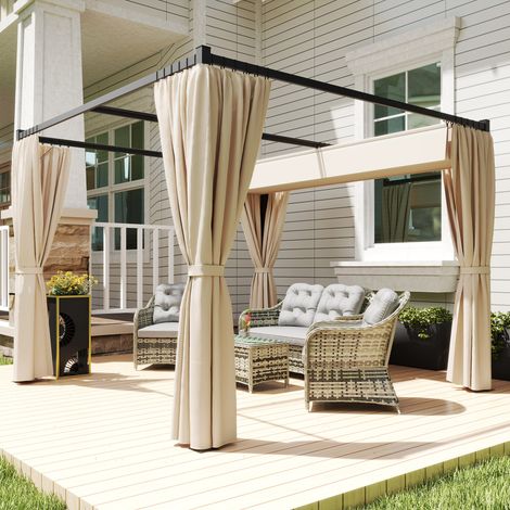 Pergola de jardin avec toit rétractable et auvents, métal et polyester, 300 x 300 x 227 cm, beige (1/5)