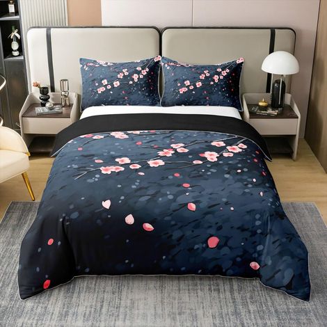 Parure de lit 100 % coton avec housse de couette de 135 x 200 cm et 1 taie d'oreiller, motif cerise japonaise, motif floral rose et branches de fleurs, pour enfants, adolescents, garçons et filles (1/5)