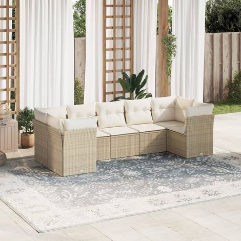 Canapé de jardin 7 places en résine tressée beige avec coussins amovibles – salon modulaire résistant aux intempéries (1/3)