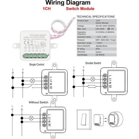 Module relais intelligent Zigbee 1 canal avec interrupteur bidirectionnel pour la domotique, compatible avec Alexa Home. (1/2)