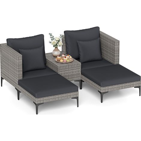 Salon de Jardin en Rotin 5 Pcs, 2 Fauteuils, 2 Poufs Tabourets et Table d’Appoint, Ensemble de Mobilier Extérieur 4 Places, Design Modulable, Gris (1/5)