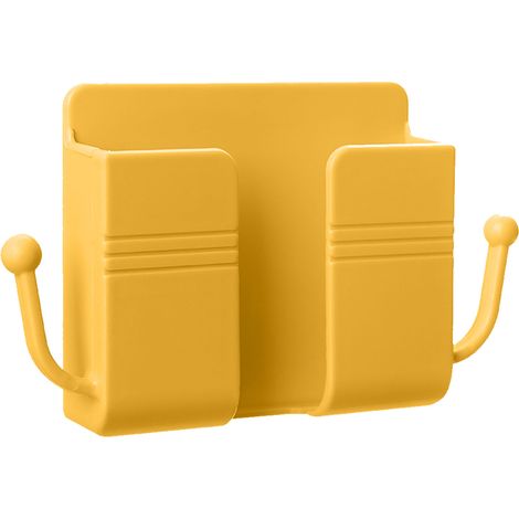 Soporte de pared para mando a distancia (TV, aire acondicionado, etc.) - Soporte amarillo para mesita de noche con función de almacenamiento y carga. (1/5)