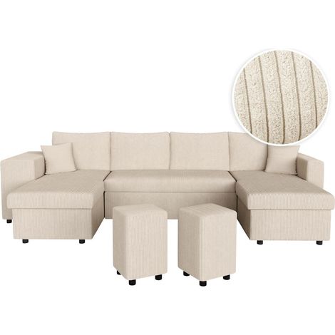 Canapé panoramique OSLO convertible avec 2 coffres, 2 poufs à gauche en velours côtelé beige (1/5)