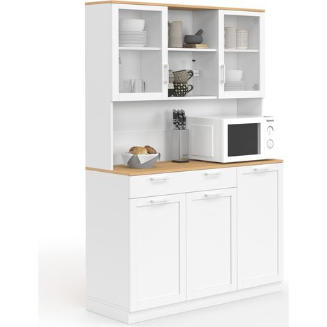 Küchenbuffet 120 cm VITO 5 Türen + 1 Schublade weiß und Buchenholzplatte