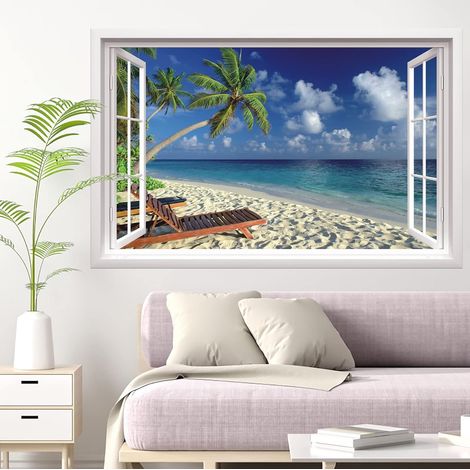 3D Stickers Muraux VUE SUR LA MER,Palmiers Sticker Mural,3D Autocollants Muraux pour Salon,Autocollant Mural pour Salle de Bain Chambre à Coucher Décoration,Autocollant Mural de D'été (1/5)