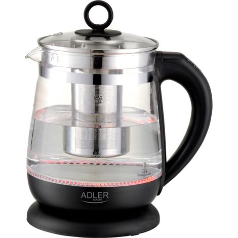 ADLER EUROPE AD 1299 BOUILLOIRE EN VERRE 1,5 L, AVEC ÉCLAIRAGE LED, RÉGLAGE DE LA TEMPÉRATURE 60-100 °C, PASSOIRE À THÉ, FONCTIO