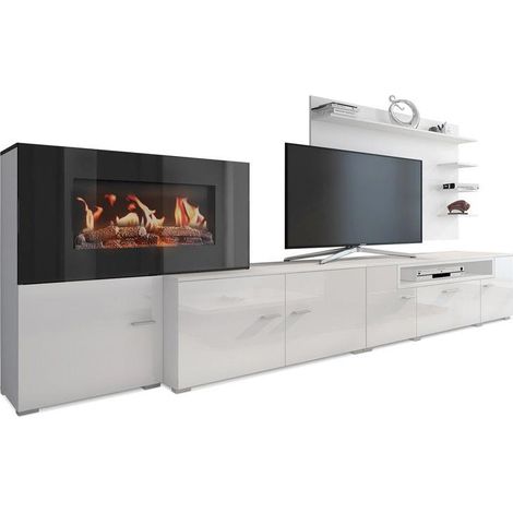 Skraut Home - Mobili per Soggiorno con Camino Elettrico - 170 x 290 x 45 cm - Sistema di Illuminazione LED Effetto Fiamma - Nuovo Modello Olympo - Stile Moderno - Finitura Bianca