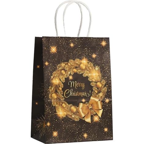 Set mit 12 wiederverwendbaren schwarzen und goldenen Weihnachtsgeschenktüten mit Henkeln zum Verpacken von Weihnachtsgeschenken, 21 x 15 x 7 cm (Kranz)